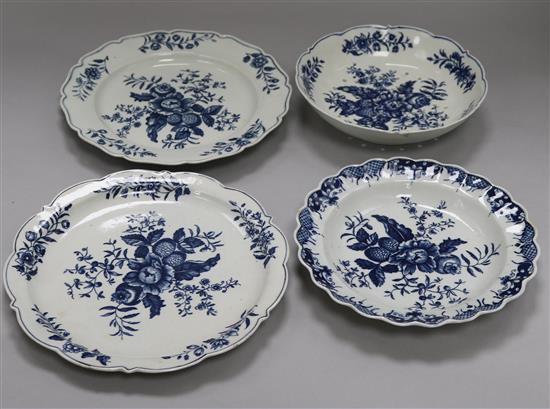 A Worcester pine cone pattern blue and white wares - a strainer and three plates, c.1770-5, 19.7 - 23.5cm